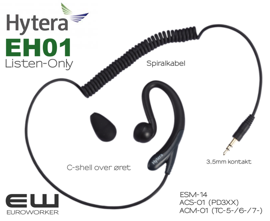 Hytera ACN02 PTT Headset med Inline MIC for 3,5mm Listen Only Earpiece (HP605, HP685)